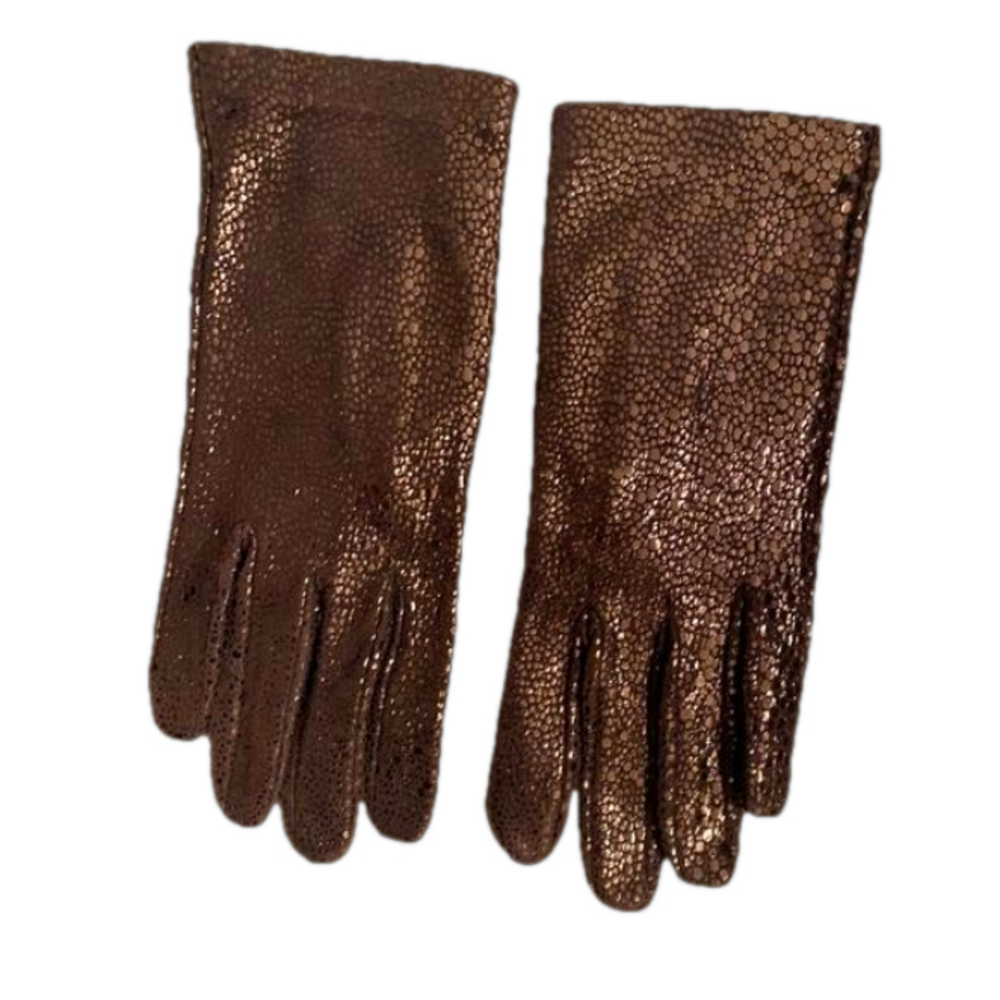 Leather Gloves size 7 Brand New Metallic bronze shiny finish with silk lining